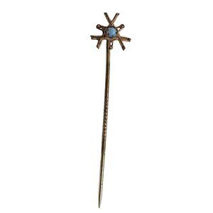 Vintage Gold Tone Stick Pin With Blue Opal Gemstone Accent Starburst Design